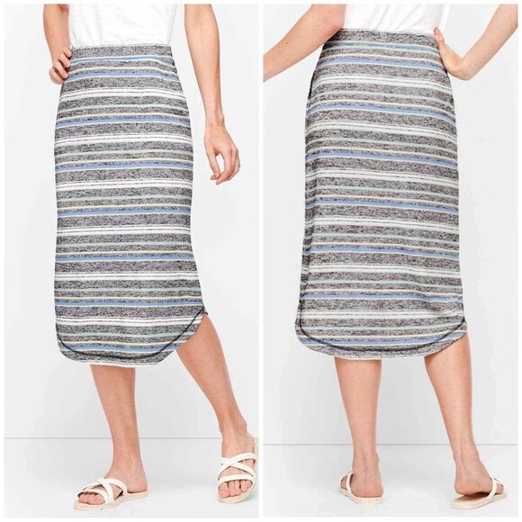 T By TALBOTS Midi Skirt Blue Black Stripe Curve Hem Knit Casual Medium Pull On - Picture 1 of 11